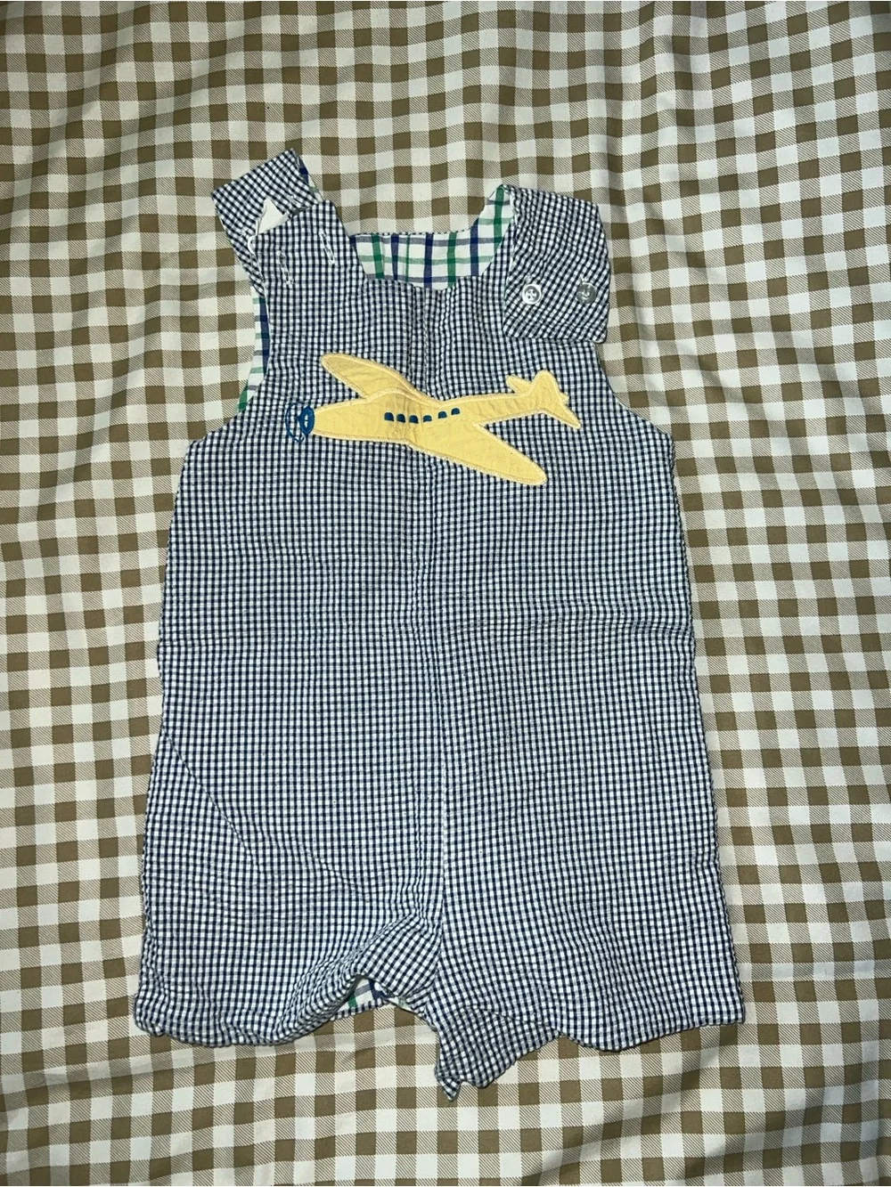 Toddler Navy Gingham Airplane One-Piece Romper